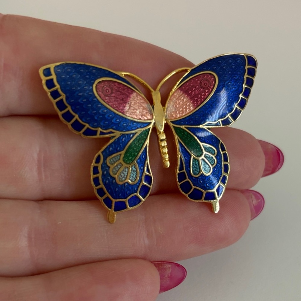 Cloisonné Butterfly Brooch with Blue and Gold Accents